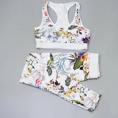 Women Yoga Sets Print Flower 2 pieces Gym Clothing Bra & Leggings Workout Outfit Female Athletic Pilates Training Fitness Sets