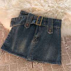 Denim Mini Skirts Vintage Women Summer Y2K Solid Belt Sexy Jeans Skirts Female Casual Ball Gown Korean Slim A Line Street Skirts