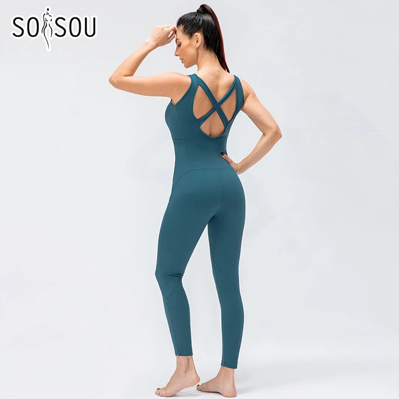 SOISOU All-in-one Yoga Set Sport Suits Women's Tracksuit Sportswear Elasticity Fitness Workout Training Dance Clothing Gym