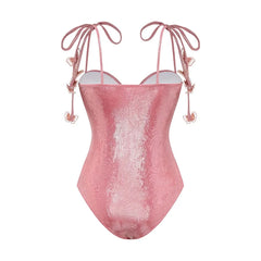 New 3D Butterfly Decoration Sweet Girl Pink Shiny One-piece Swimsuit Set for Beauty Women