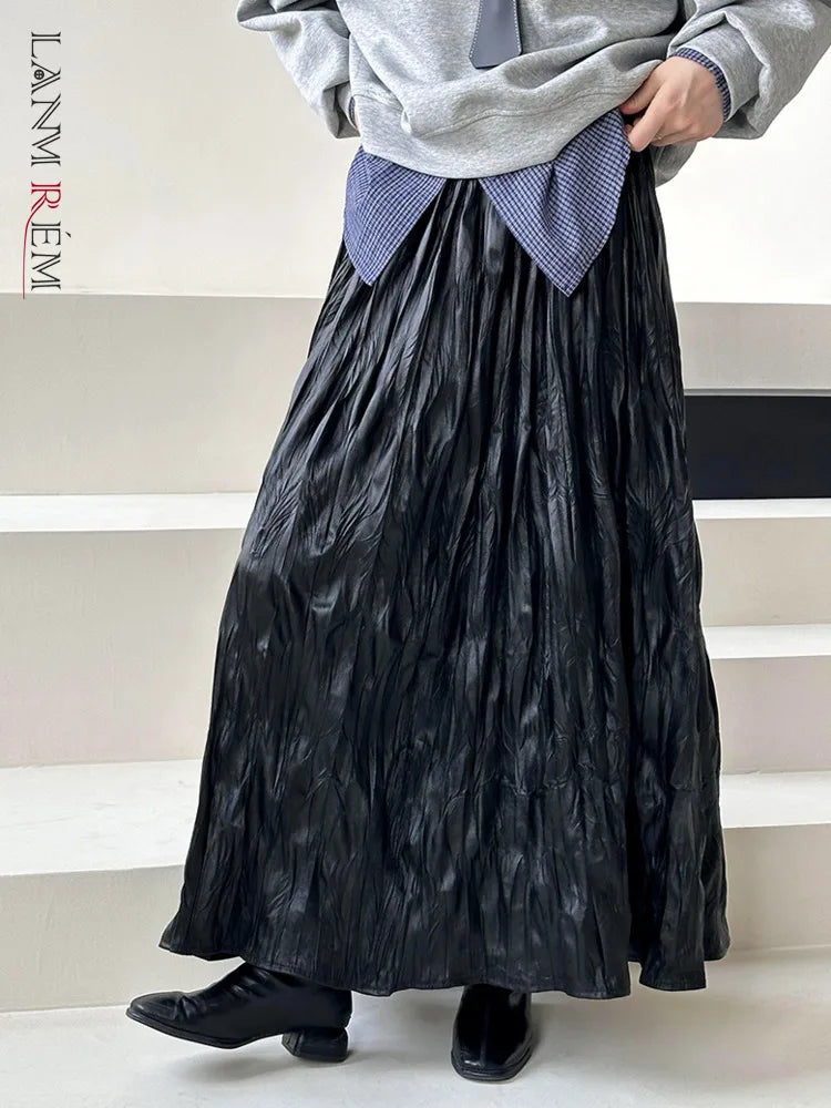 [LANMREM] Vintage Pleated Skirt For Women Elastic High Waist A-line Mid-length Fashion Skirts 2024 Autumn New Clothing 26C311