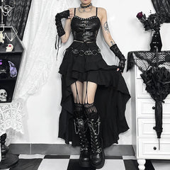 2024 Aesthetic Ruffle Y2k Sexy High Low Black Skirt Harajuku Retro Gothic Vintage lrregular long Rock Skirt Streetwear