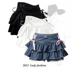 Mini Denim Skirts Women Hot Girls Sweet Kawaii Bow Vintage Y2k Clothes American Streetwear Sexy Summer A-line Мини Юбки Gothic