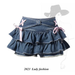 Mini Denim Skirts Women Hot Girls Sweet Kawaii Bow Vintage Y2k Clothes American Streetwear Sexy Summer A-line Мини Юбки Gothic