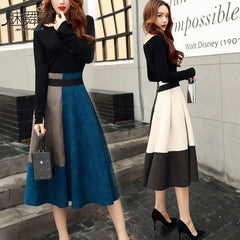 Spring Autumn New High Waist Contrast A-line Skirt All-match Zipper Loose Trend Skirts Vintage Elegant Temperament Women Clothes