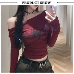 Women Y2K Gothic Grunge T Shirts Off Shoulder 2023 Autumn Streetwear Fairycore Hip Hop Tops Punk Casual Tees Female Clothes