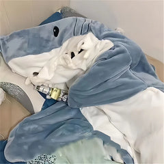 Cartoon Shark Blanket Hoodie Women Kigurumi Playsuit Kids Parents Hooded Warm Flannel Funny Homewear Shark Onesie Sleeping Bag