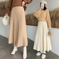 2023 Long Knitted Skirt Women Autumn Winter Warm Skirts Female Korean Fashion Pleated Skirt Ladies Elegant High Waist Maxi Skirt