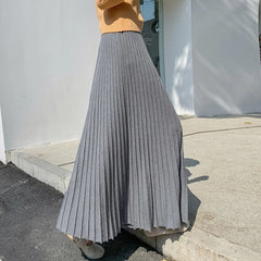 2023 Long Knitted Skirt Women Autumn Winter Warm Skirts Female Korean Fashion Pleated Skirt Ladies Elegant High Waist Maxi Skirt