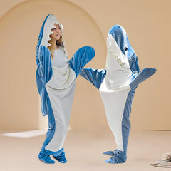 3PCS Cartoon Shark Sleeping Bag Pajamas Office Nap Wearable Loose Onesie Pajamas Kids Blanket Adult Blanket