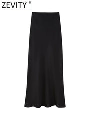 Zevity 2024 Women Fashion Black Color Soft Satin Long Skirt Faldas Mujer Female Back Zipper Ankle Length A Line Vestidos QUN294