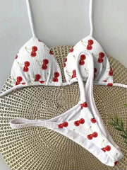 OIINAA Bathing Suit Women Sexy Cherry Printed Swimsuit Lace Up Bikini Set Drawstring Two-piece Summer Female Thong New Biquinis