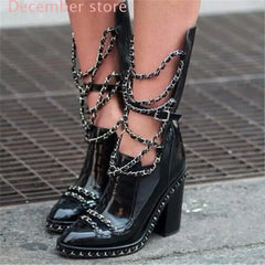 Brand Luxury Ankle Chain Chunky Heel Genuine Leather Combat Ankle Boots Cutout Riding Boots Women Motorcycle Boots