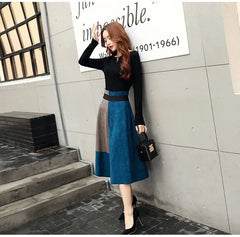 Spring Autumn New High Waist Contrast A-line Skirt All-match Zipper Loose Trend Skirts Vintage Elegant Temperament Women Clothes