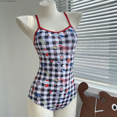 New Hello Kitty Plaid Style Women's Swimwear, One Piece Sexy Halter Triangle One Piece Bikini Spa Vacation Summer Clothes Set