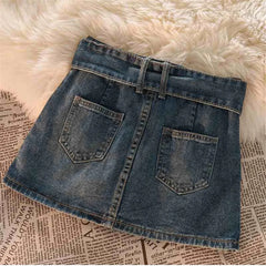 Denim Mini Skirts Vintage Women Summer Y2K Solid Belt Sexy Jeans Skirts Female Casual Ball Gown Korean Slim A Line Street Skirts