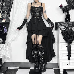 2024 Aesthetic Ruffle Y2k Sexy High Low Black Skirt Harajuku Retro Gothic Vintage lrregular long Rock Skirt Streetwear