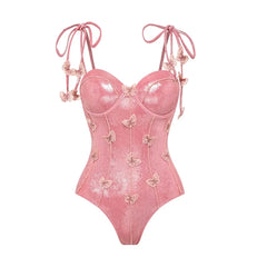 New 3D Butterfly Decoration Sweet Girl Pink Shiny One-piece Swimsuit Set for Beauty Women