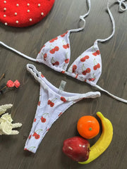 OIINAA Bathing Suit Women Sexy Cherry Printed Swimsuit Lace Up Bikini Set Drawstring Two-piece Summer Female Thong New Biquinis