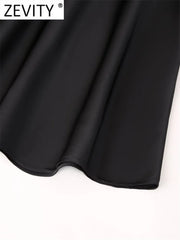 Zevity 2024 Women Fashion Black Color Soft Satin Long Skirt Faldas Mujer Female Back Zipper Ankle Length A Line Vestidos QUN294