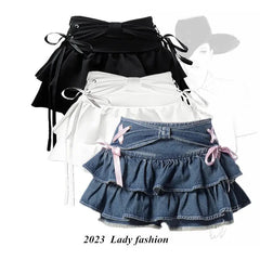 Mini Denim Skirts Women Hot Girls Sweet Kawaii Bow Vintage Y2k Clothes American Streetwear Sexy Summer A-line Мини Юбки Gothic