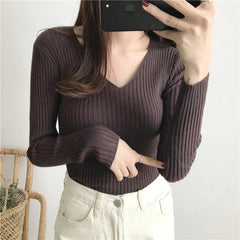 Autumn Winter Women Sweaters Casual Long Sleeve Knitted V Neck Pullover Sweater Femme Basic Solid Jersey Tops Fashion Clothes