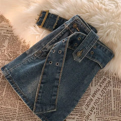 Denim Mini Skirts Vintage Women Summer Y2K Solid Belt Sexy Jeans Skirts Female Casual Ball Gown Korean Slim A Line Street Skirts