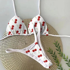 OIINAA Bathing Suit Women Sexy Cherry Printed Swimsuit Lace Up Bikini Set Drawstring Two-piece Summer Female Thong New Biquinis