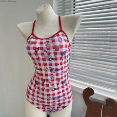 New Hello Kitty Plaid Style Women's Swimwear, One Piece Sexy Halter Triangle One Piece Bikini Spa Vacation Summer Clothes Set