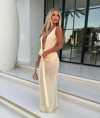 Two Pieces V-Neck Backless Cover Up For Women Beach dress High Slit Hollow Out Dress 2024 Summer Sexy Beach Vacation Outfit