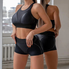 Black Gym Suits Sports Fitness Set Tank Top Women Sexy Bra Spliced Mesh Hip Shorts  Tracksuit Yoga   Clothing