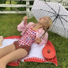 New Hello Kitty Plaid Style Women's Swimwear, One Piece Sexy Halter Triangle One Piece Bikini Spa Vacation Summer Clothes Set