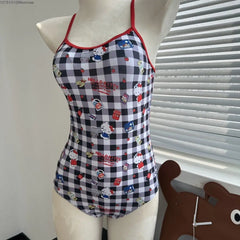 New Hello Kitty Plaid Style Women's Swimwear, One Piece Sexy Halter Triangle One Piece Bikini Spa Vacation Summer Clothes Set