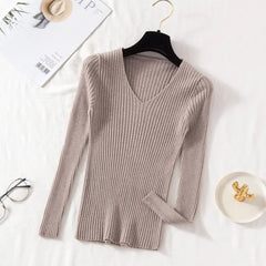 Autumn Winter Women Sweaters Casual Long Sleeve Knitted V Neck Pullover Sweater Femme Basic Solid Jersey Tops Fashion Clothes