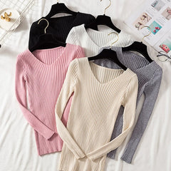 Autumn Winter Women Sweaters Casual Long Sleeve Knitted V Neck Pullover Sweater Femme Basic Solid Jersey Tops Fashion Clothes