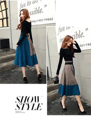 Spring Autumn New High Waist Contrast A-line Skirt All-match Zipper Loose Trend Skirts Vintage Elegant Temperament Women Clothes