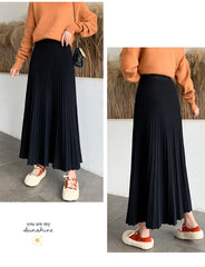 2023 Long Knitted Skirt Women Autumn Winter Warm Skirts Female Korean Fashion Pleated Skirt Ladies Elegant High Waist Maxi Skirt