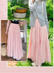 Women Cake Skirt Autumn New Trend A-line Big Swing Double Layer Long Skirt Casual Sweet Korean High Waist Pleated Skirt Solid