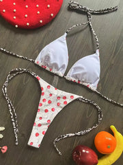 OIINAA Bathing Suit Women Sexy Cherry Printed Swimsuit Lace Up Bikini Set Drawstring Two-piece Summer Female Thong New Biquinis