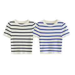 Vintage Women Y2K Stripped Cropped T-shirts for Girls Slim Knitted Short Tees Sweet Tops Chic Clothes