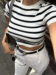 Vintage Women Y2K Stripped Cropped T-shirts for Girls Slim Knitted Short Tees Sweet Tops Chic Clothes