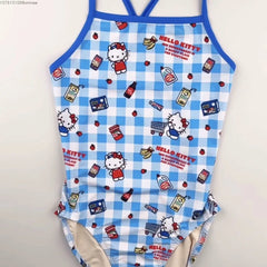 New Hello Kitty Plaid Style Women's Swimwear, One Piece Sexy Halter Triangle One Piece Bikini Spa Vacation Summer Clothes Set