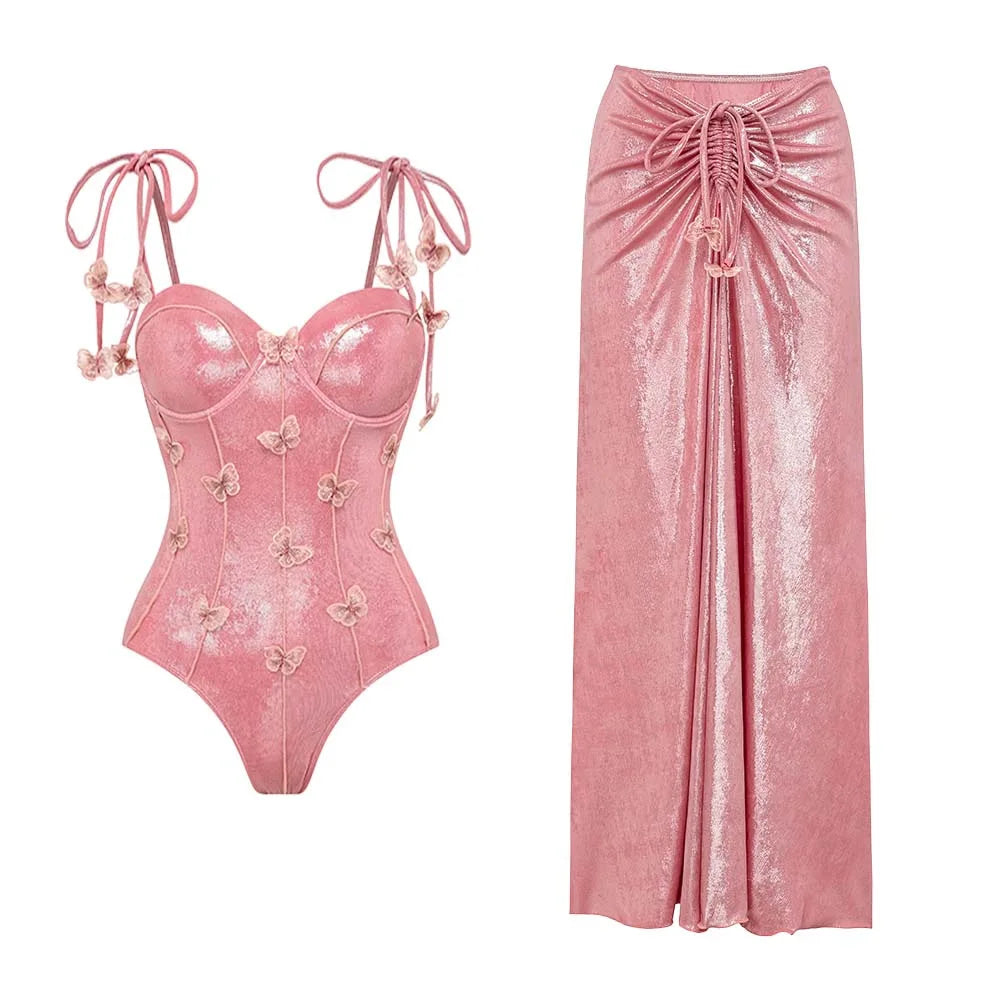 New 3D Butterfly Decoration Sweet Girl Pink Shiny One-piece Swimsuit Set for Beauty Women