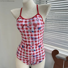 New Hello Kitty Plaid Style Women's Swimwear, One Piece Sexy Halter Triangle One Piece Bikini Spa Vacation Summer Clothes Set