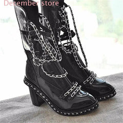 Brand Luxury Ankle Chain Chunky Heel Genuine Leather Combat Ankle Boots Cutout Riding Boots Women Motorcycle Boots