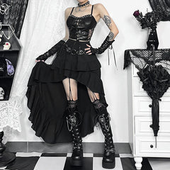 2024 Aesthetic Ruffle Y2k Sexy High Low Black Skirt Harajuku Retro Gothic Vintage lrregular long Rock Skirt Streetwear